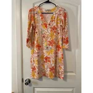 Barbara Gerwit Orange Tropical Floral Cotton Stretch Dress, Small